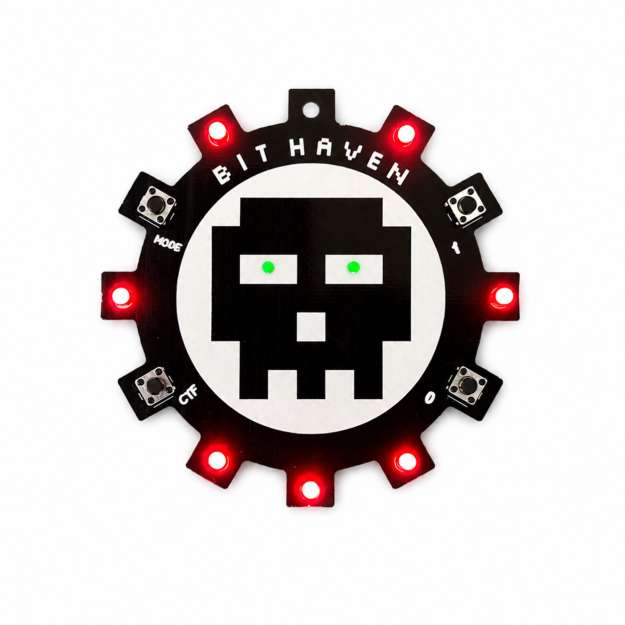 The Bit Haven hackerspace badge — a gear-shaped PCB with a pixel skull, glowing red and green LEDs, on a blue background.